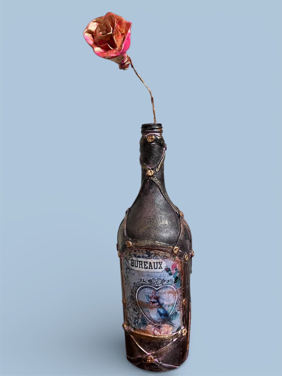 Steampunk Decoupage Altered Bottle Art - "Bureaux" Bird & Rose Sculpture