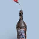 Steampunk Decoupage Altered Bottle Art - "Bureaux" Bird & Rose Sculpture