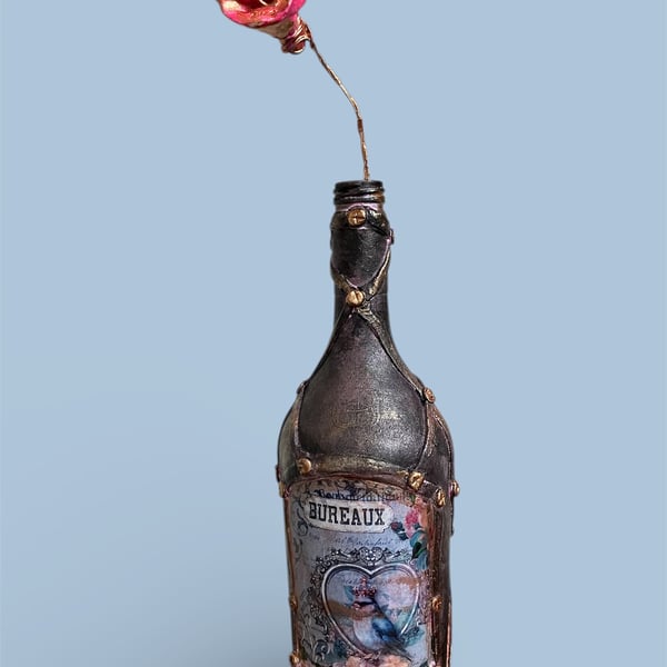 Steampunk Decoupage Altered Bottle Art - "Bureaux" Bird & Rose Sculpture