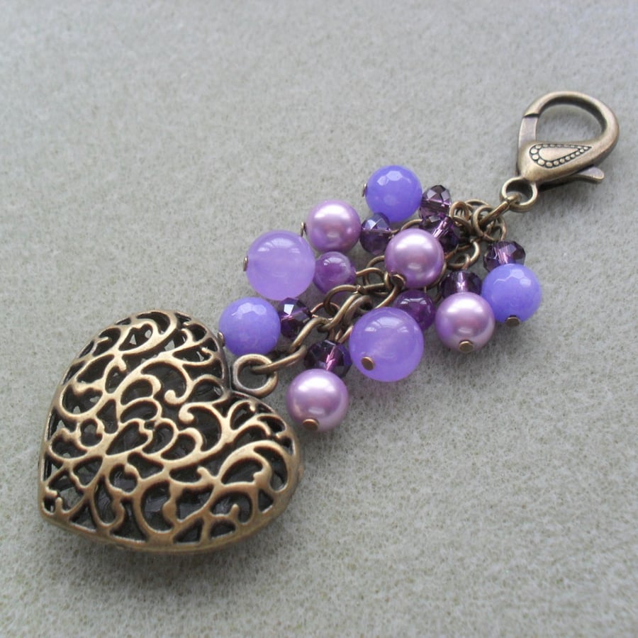 Purple and Lilac Bronze Tone Heart Bag Charm