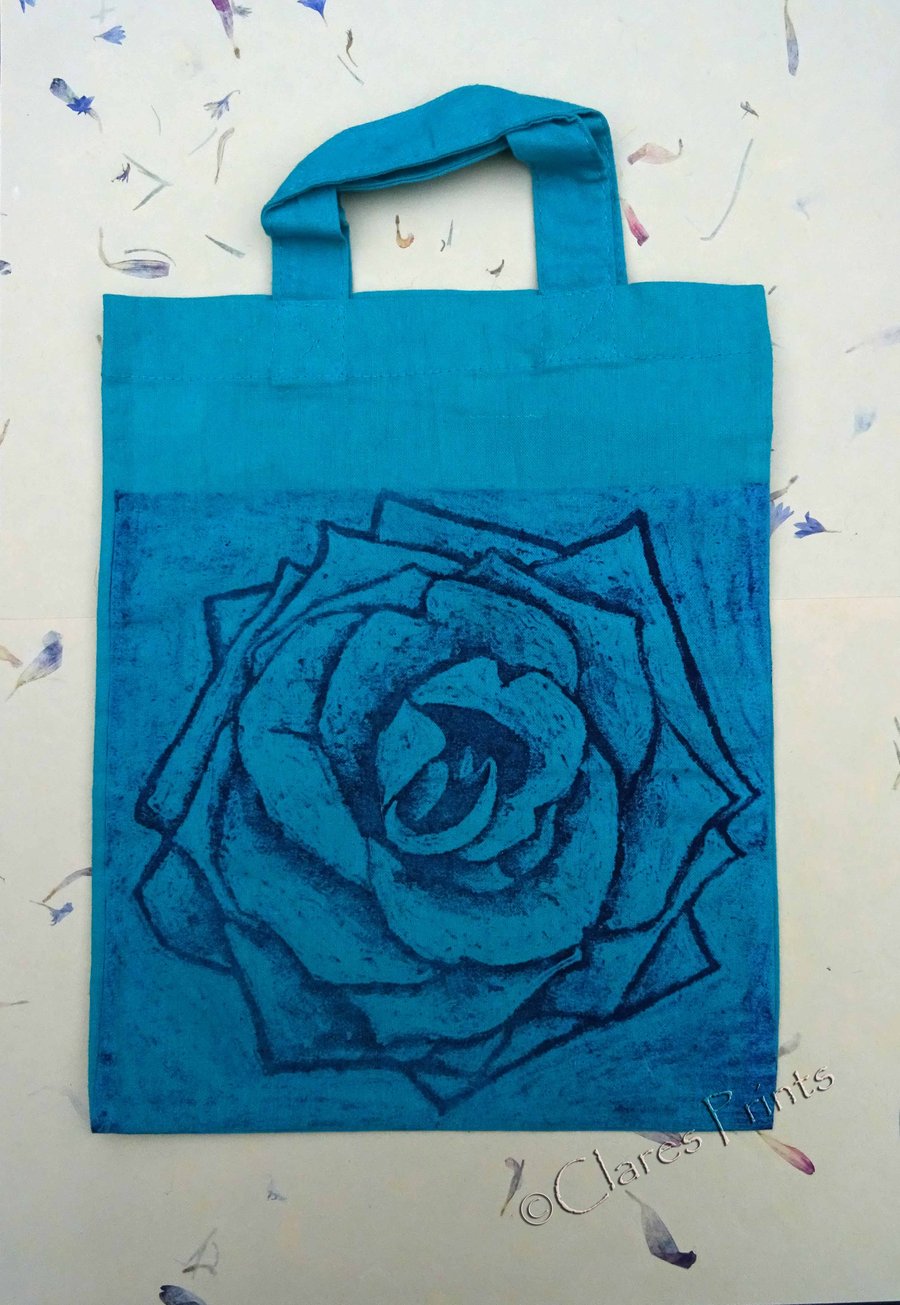 Purple Rose Flower Collagraph Hand Printed Turquoise Mini Tote Bag Children