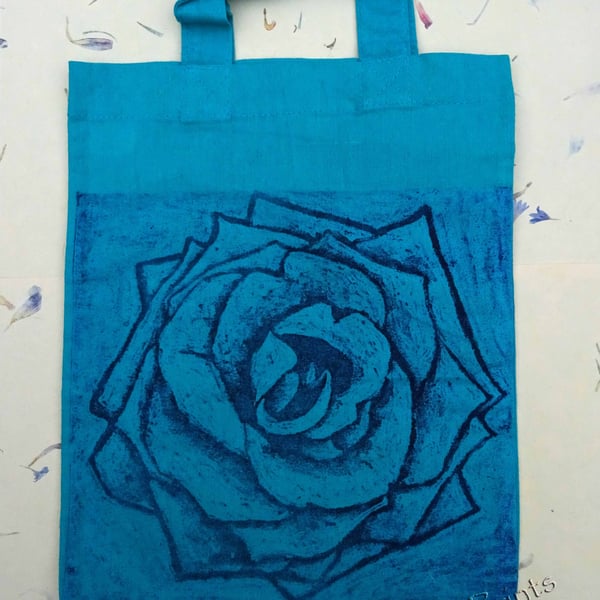 Purple Rose Flower Collagraph Hand Printed Turquoise Mini Tote Bag Children