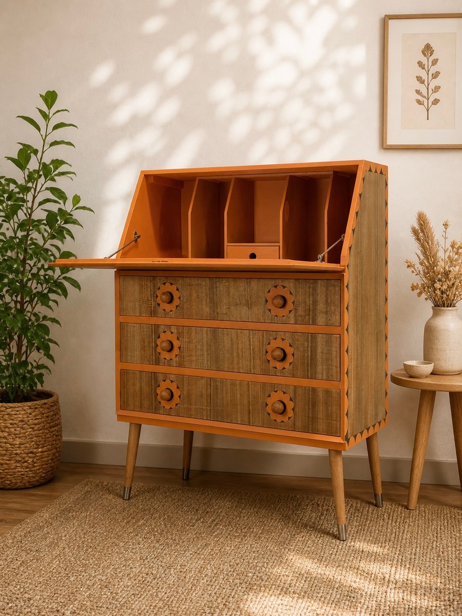 Mid Century Secretary Desk – Vintage Wooden Bureau with Leather Knobs  Scandinav