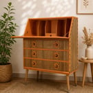 Mid Century Secretary Desk – Vintage Wooden Bureau with Leather Knobs  Scandinav