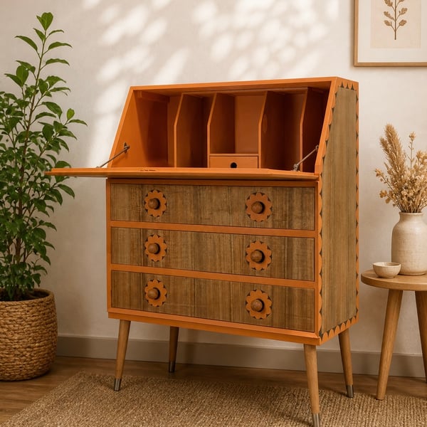 Mid Century Secretary Desk – Vintage Wooden Bureau with Leather Knobs  Scandinav