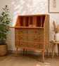 Mid Century Secretary Desk – Vintage Wooden Bureau with Leather Knobs  Scandinav