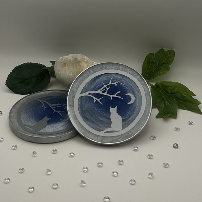 Perfectly Imperfect Resin Coasters Set of 2 Cat and Silver Crescent Moon