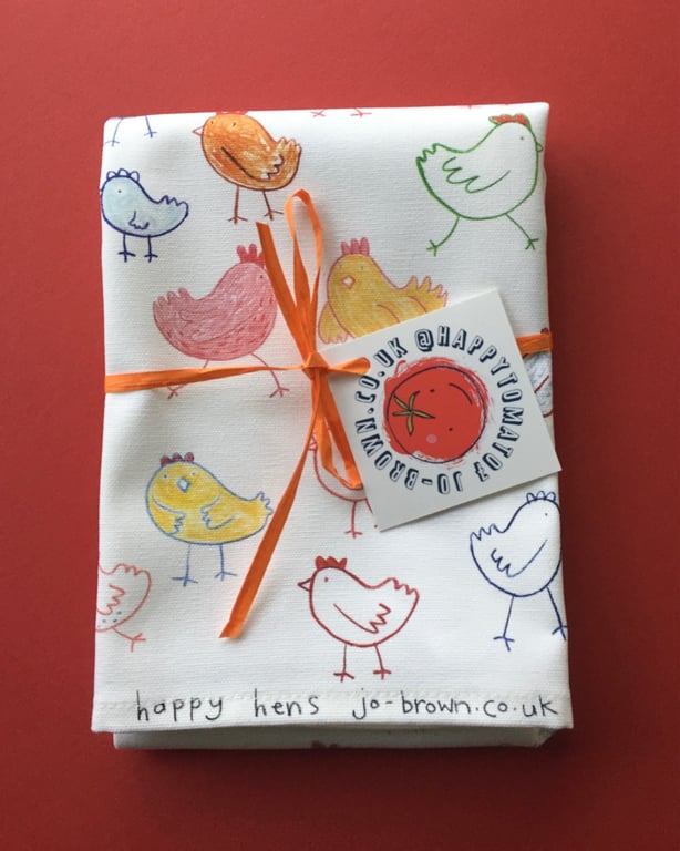 Happy Hens tea towel by Jo Brown, happytomato -chickens -country life 