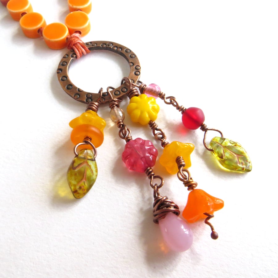 SALE Spring Flowers Necklace, Long Summer Pendant, Orange, Pink, Copper