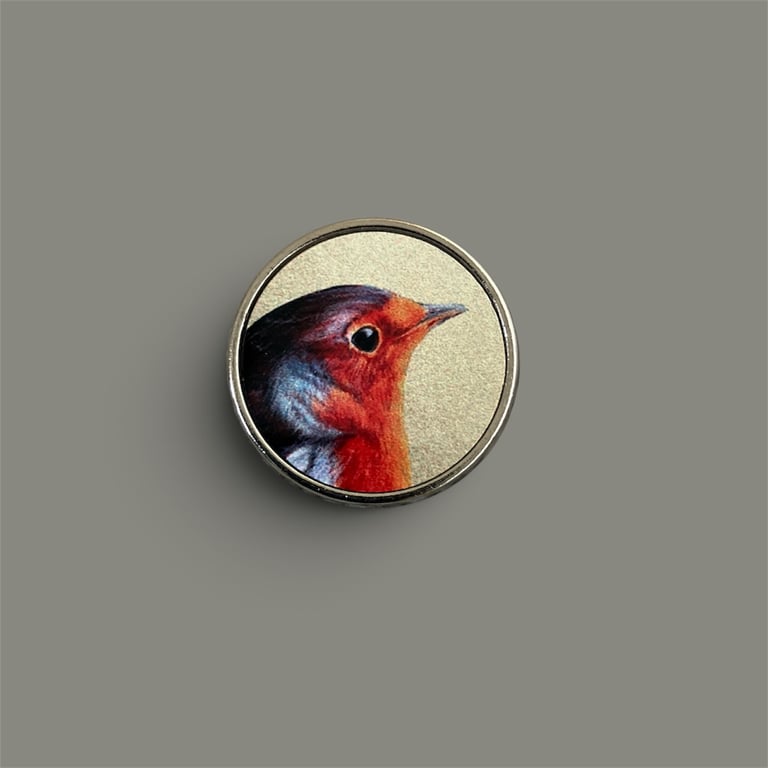 Miniature Robin Pin Badge - 1" Silver Metal Brooch - Justine Williams Art