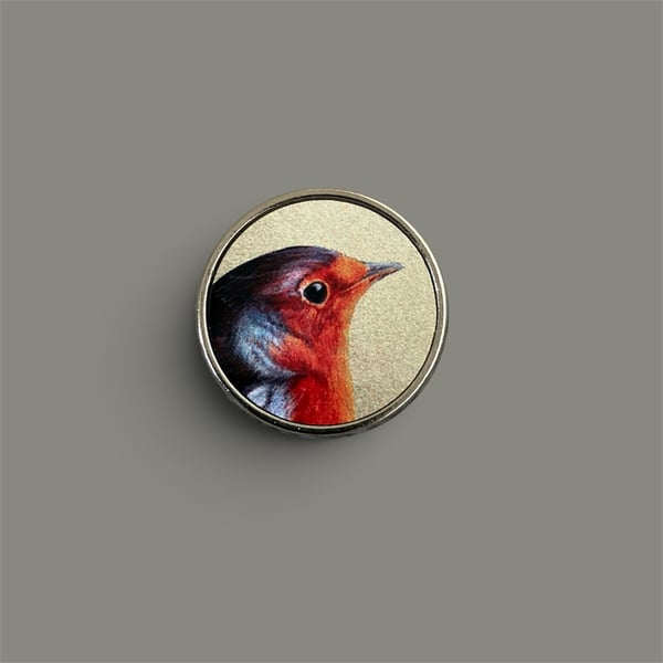 Miniature Robin Pin Badge - 1" Silver Metal Brooch - Justine Williams Art