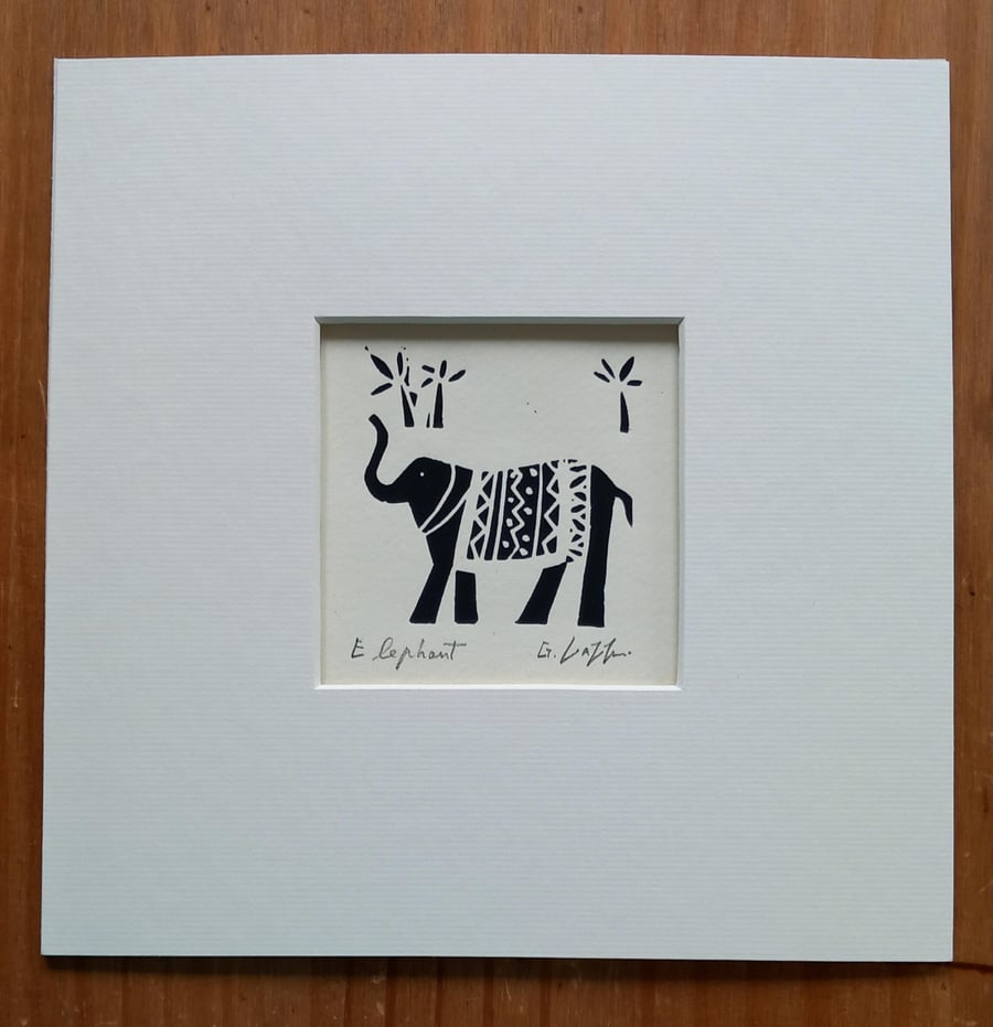 Elephant, Black Mini Linocut, Mounted Original Lino Print, Giuliana Lazzerini