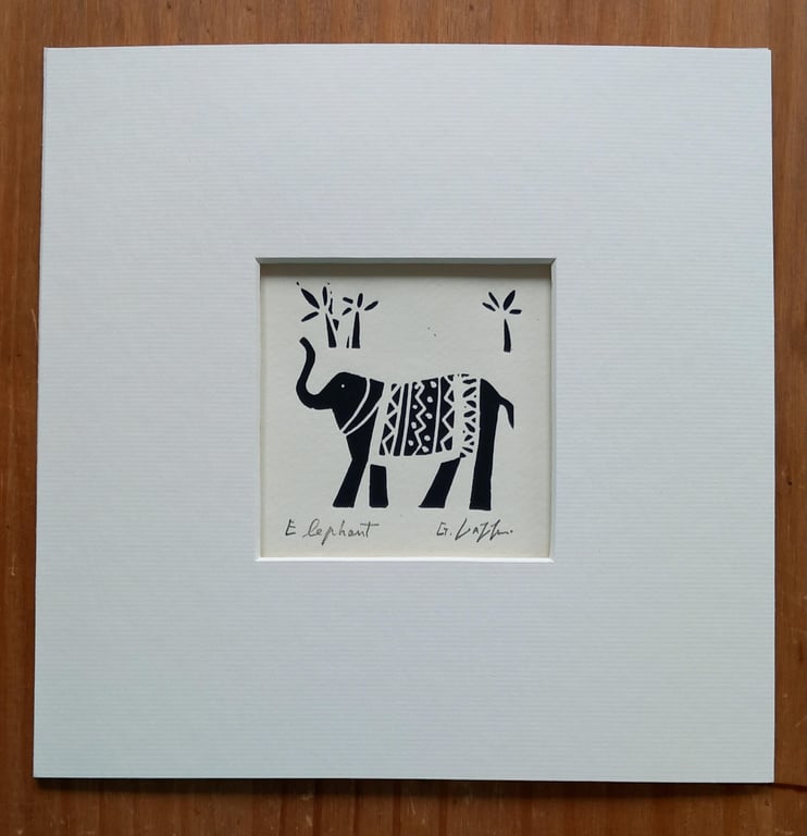 Elephant, Black Mini Linocut, Mounted Original Lino Print, Giuliana Lazzerini