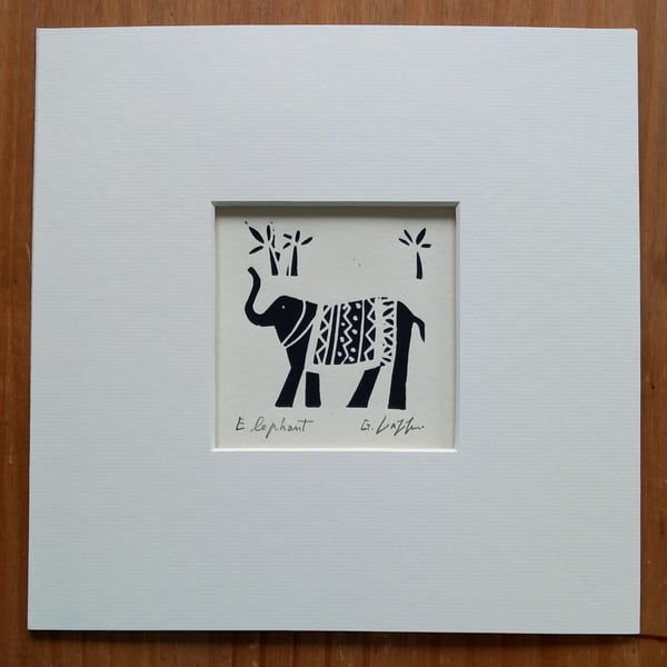 Elephant, Black Mini Linocut, Mounted Original Lino Print, Giuliana Lazzerini