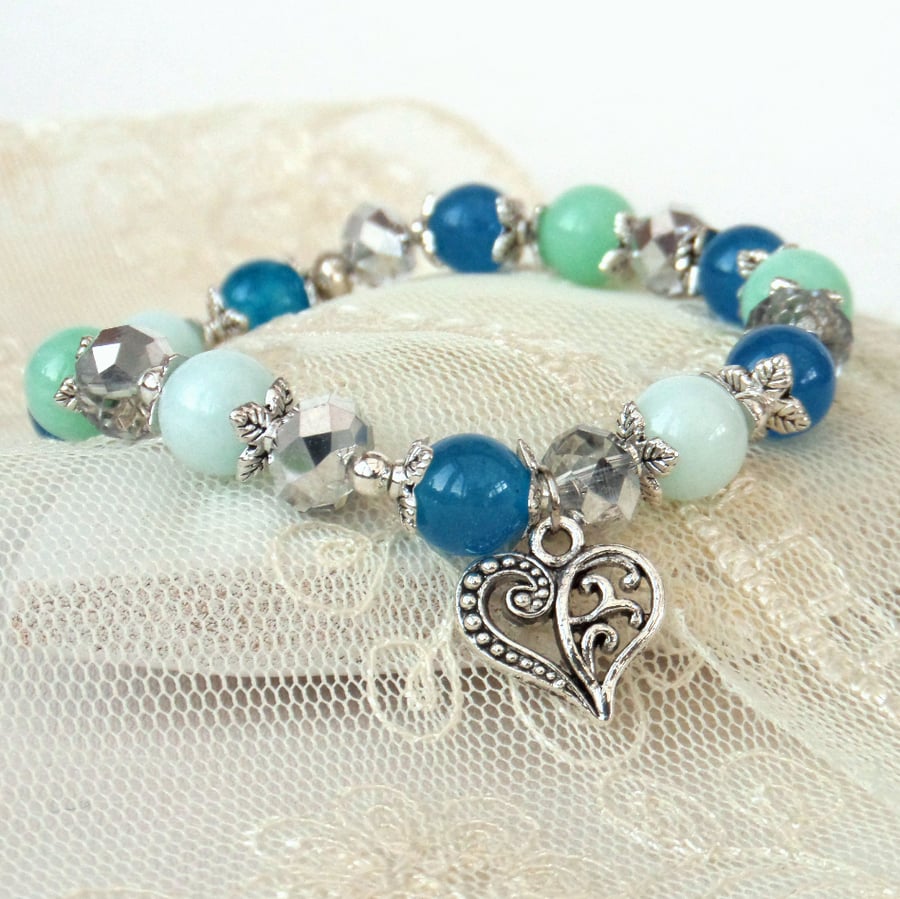 Blue and turquoise gemstone & crystal handmade bracelet with heart charm 