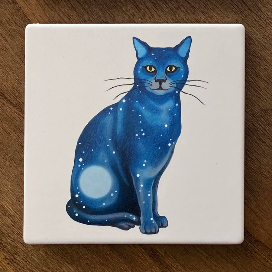 Perfectly Imperfect - Cat coaster, ceramic drinks coaster. 'Seconds' Cat Sitting