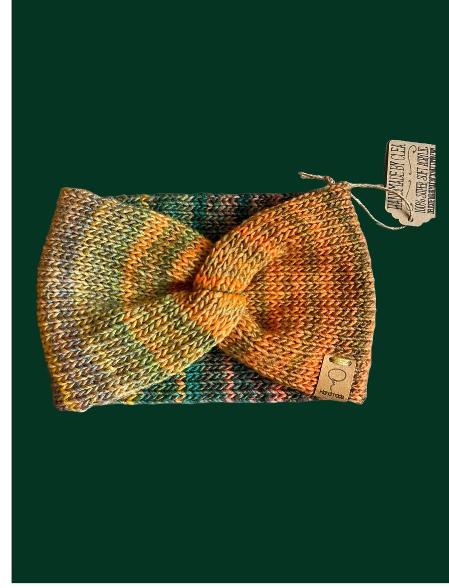 Handmade knitted crossover headband in autumnal colours - wide band