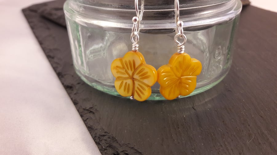 Yellow Carved Shell Flower Earrings