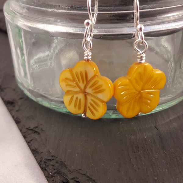 Yellow Carved Shell Flower Earrings