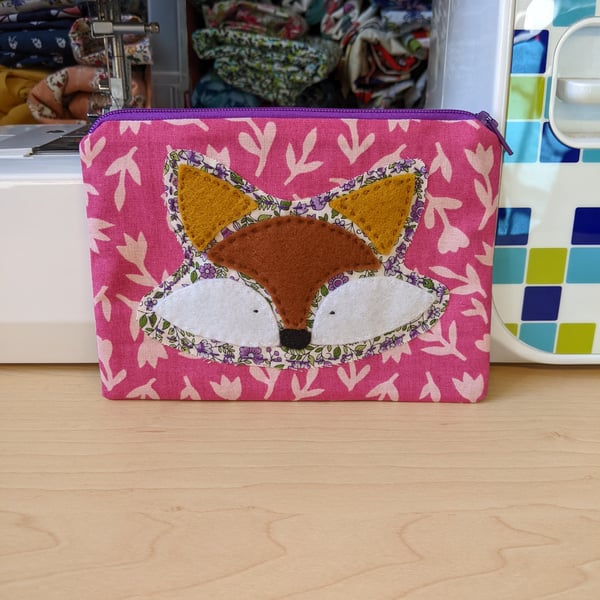 Appliqué Fox Purse - Pink Leaves 