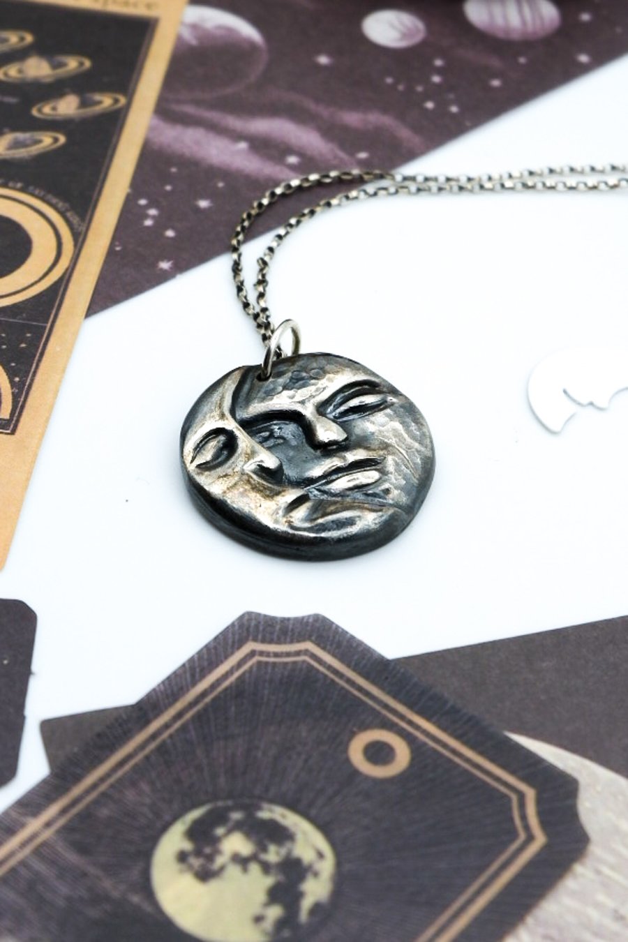 Celestial Solid Fine Recycled Silver Sleepy Crescent Moon Face Necklace 