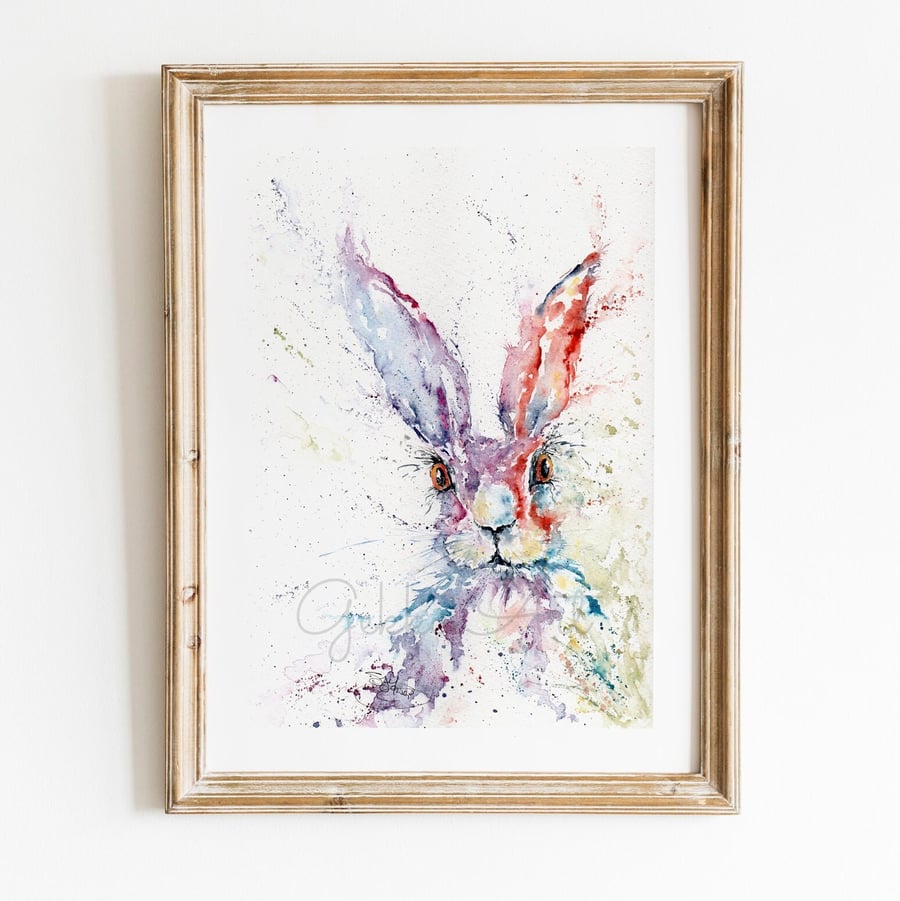 Hare and Now. A 315gsm fine art print of a colourful Hare watercolour