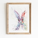 Hare and Now. A 315gsm fine art print of a colourful Hare watercolour