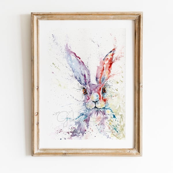 Hare and Now. A 315gsm fine art print of a colourful Hare watercolour