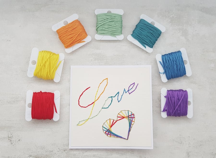Love Rainbow Heart Card, Hand Stitched Keepsake Card 