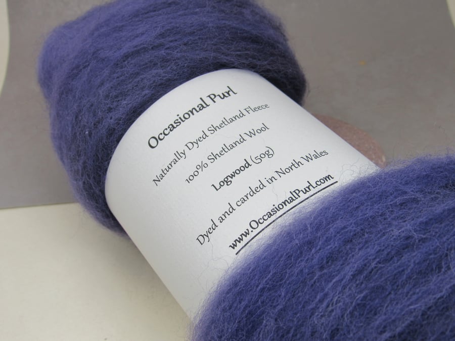 50g Logwood Dark Purple Naturally Dyed Shetland Wool Batt