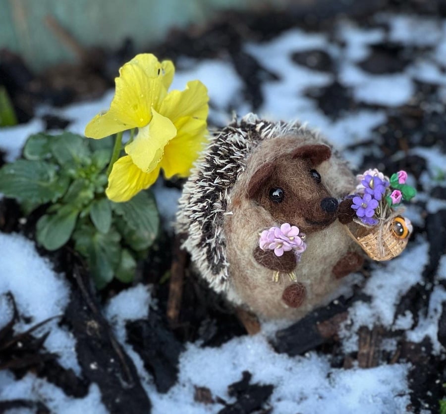 Needle felted Hedgehog with miniature shopping basket filled