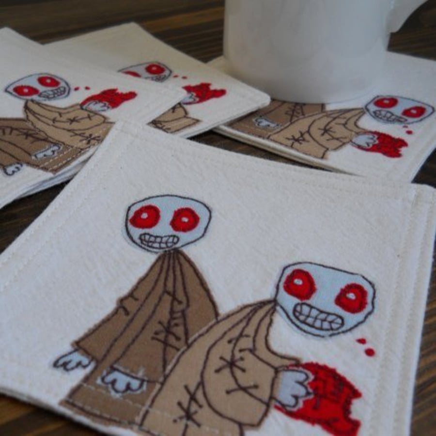 embroidered zombie fabric coasters - set of 4