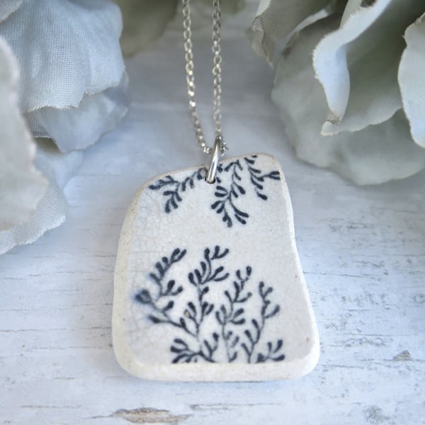 Scottish Sea Pottery Necklace - White Patterned Pendant