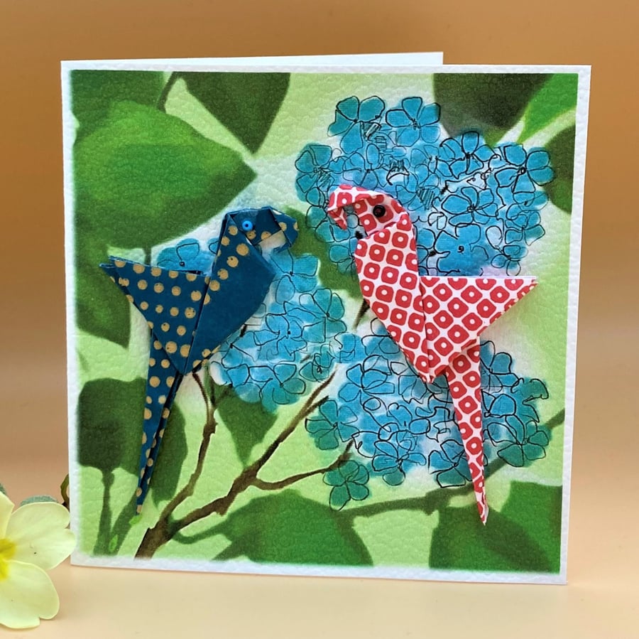 Birthday Card, Origami parrot birds & blue flowers, Colourful, OOAK.