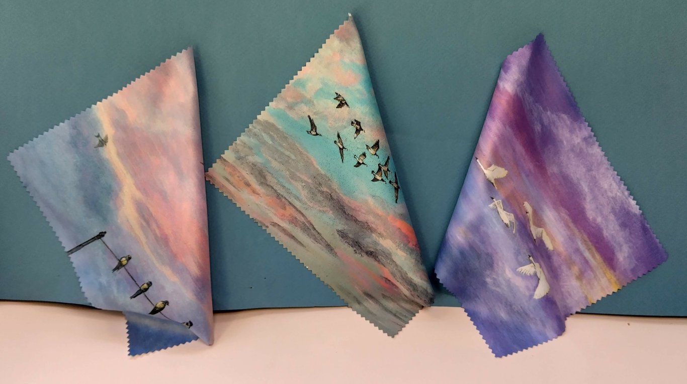 Glasses, Lens, Screen Cleaning cloth - Choice of three bird designs