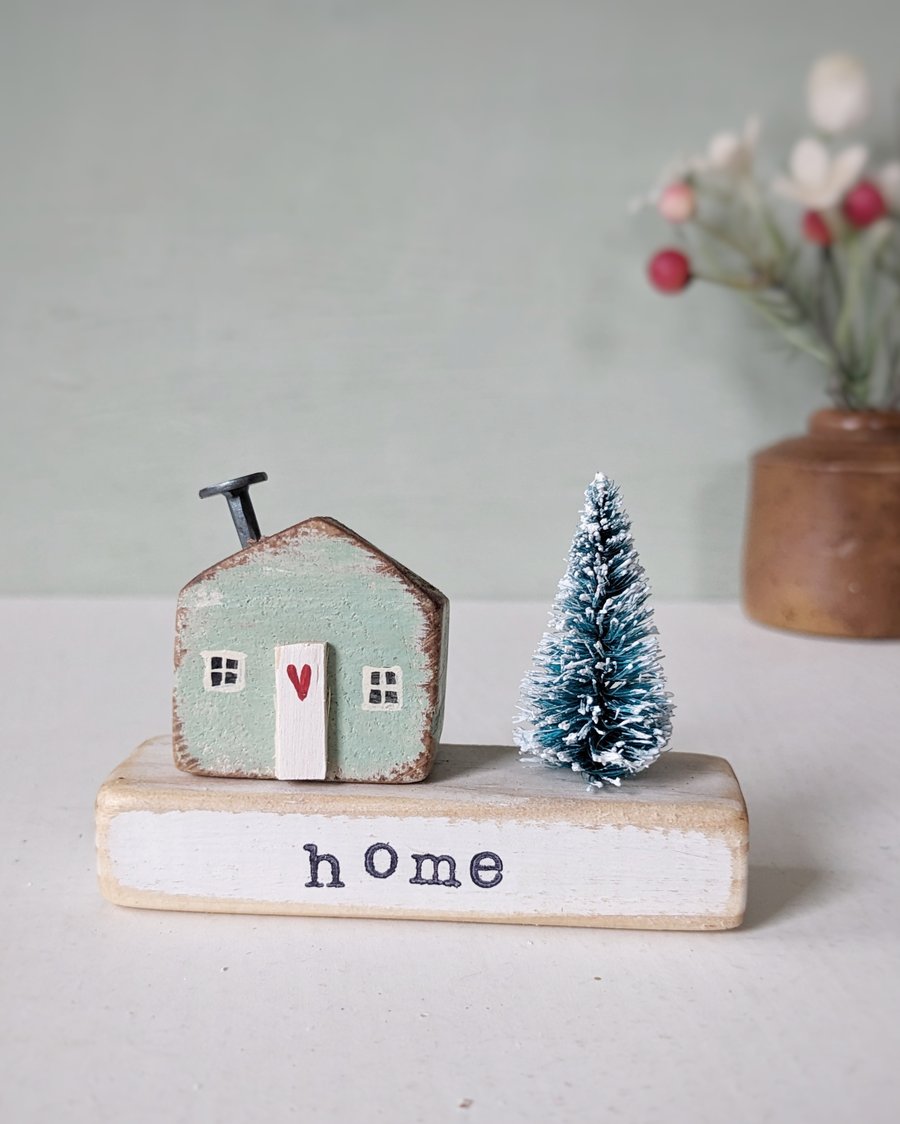 Little Wooden Handmade House in a Bag with Christmas Tree 'Home' 