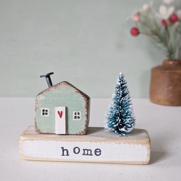 Little Wooden Handmade House in a Bag with Christmas Tree 'Home' 