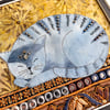 Textile artwork of cat, fabric cat art, whimsical cat picture, grey tabby cat