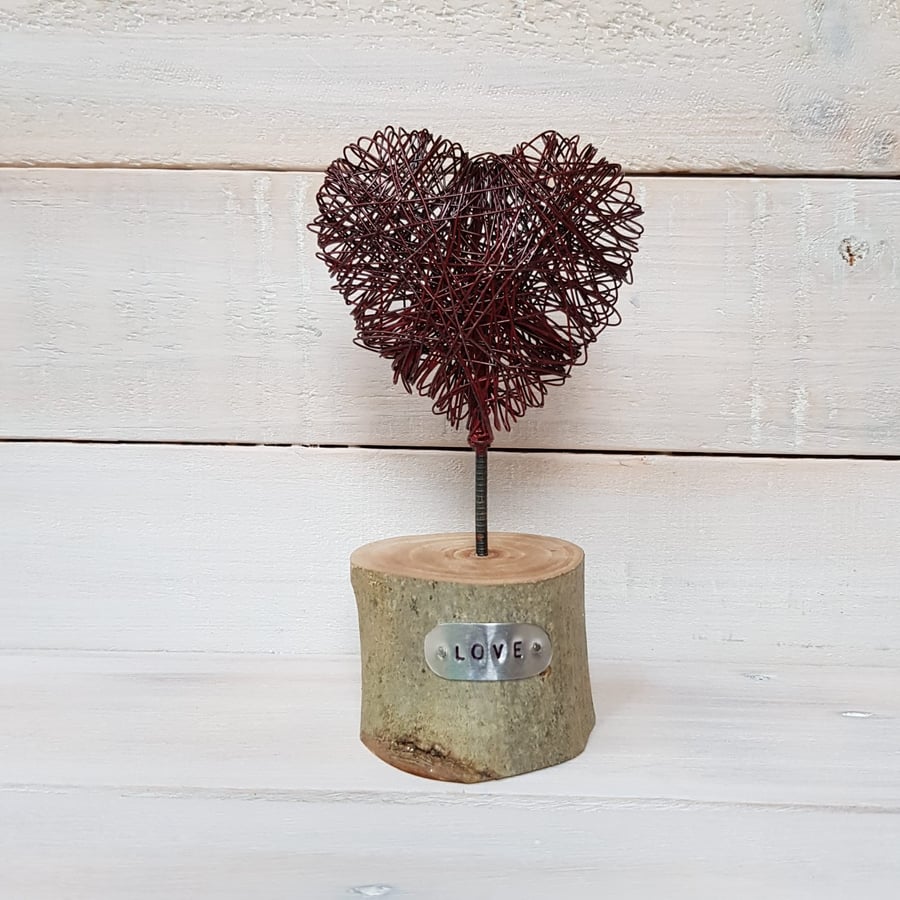 Handmade Wire Heart on branch slice Valentine’s Wedding Gift