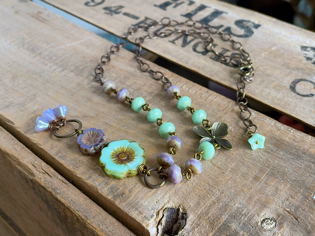 Lavender & Green Necklace. Flower Necklace. Bohemian Nature Inspired Jewellery