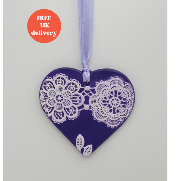 Clay purple heart hanging decoration, pretty home decor gift
