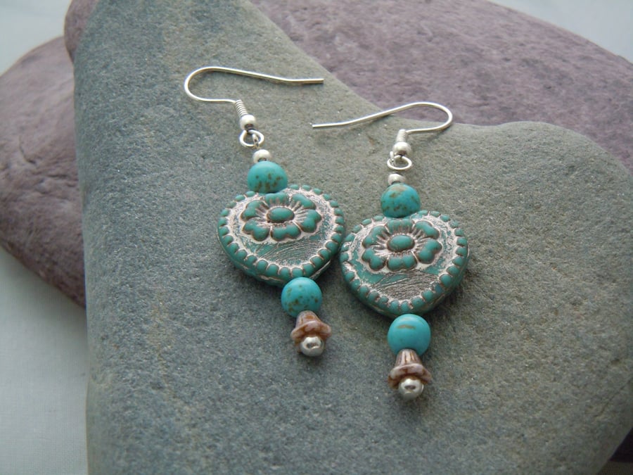 Sterling silver, Czech glass heart & turquoise Magnesite bead earrings
