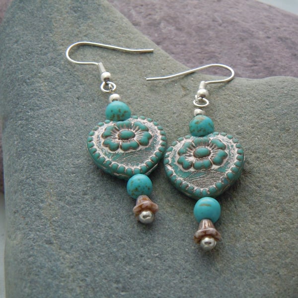 Sterling silver, Czech glass heart & turquoise Magnesite bead earrings