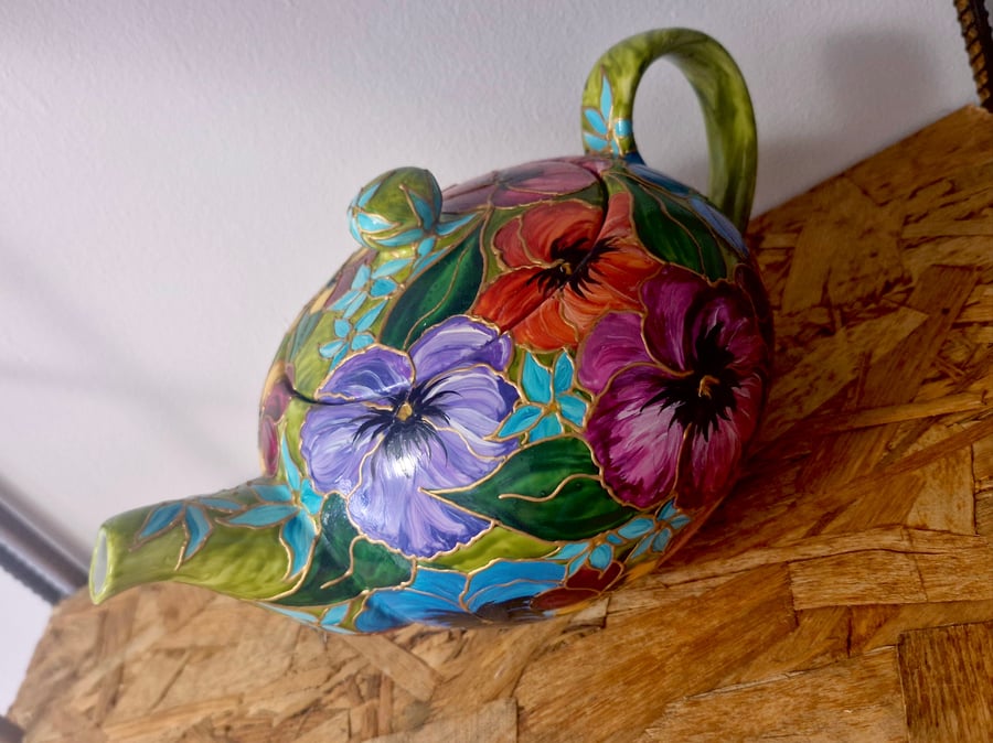 Hand Painted Ceramic Teapot. Pansy, Viola.
