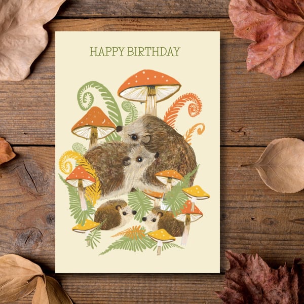 Birthday card Hedgehog toadstool wildlife blank inside