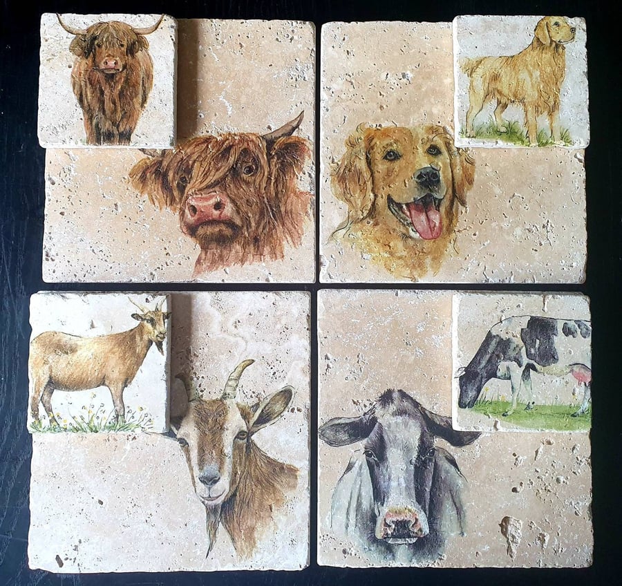 Handmade Stone placemat and coaster set Farm animals Natural stone placemats