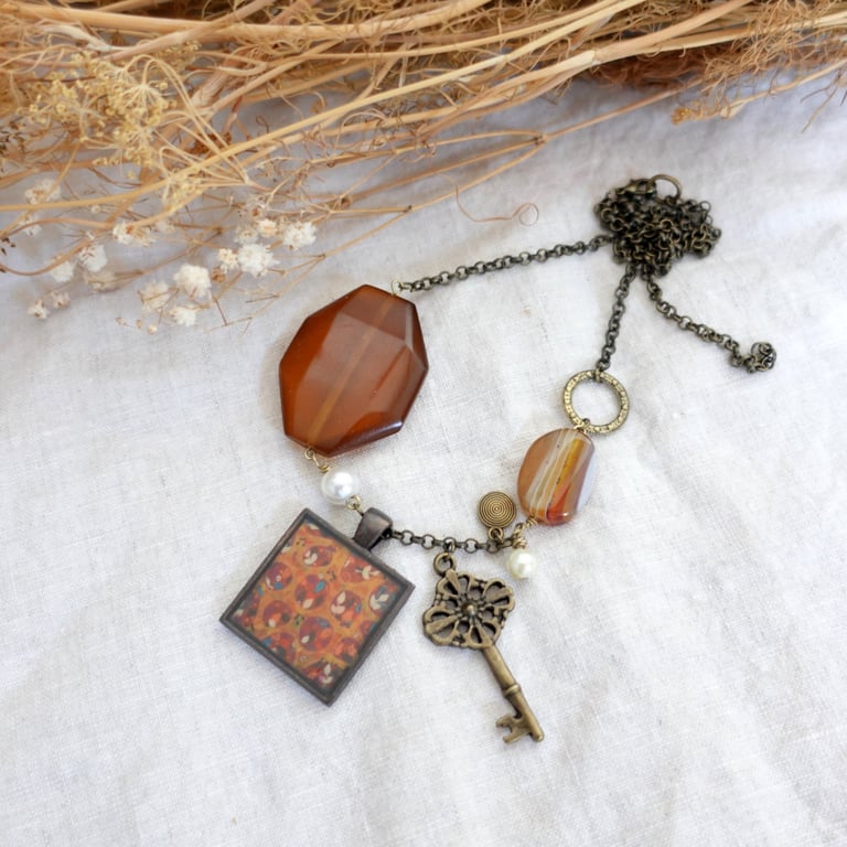 Boho Mismatched Necklace with Naive Art Pendant, Latchkey Kids
