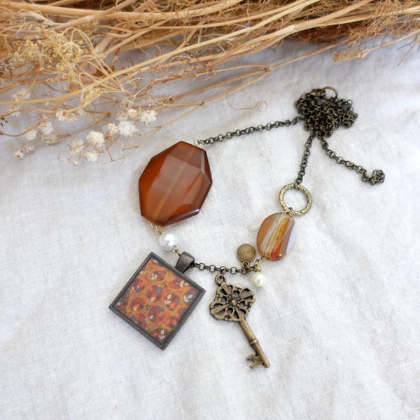 Boho Mismatched Necklace with Naive Art Pendant, Latchkey Kids