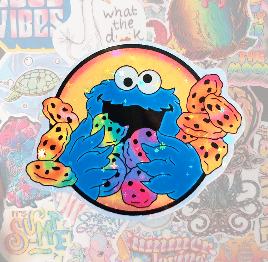 Cookie Monster & Cookies Sesame Street Fan Art Rainbow Fade Holographic Sticker