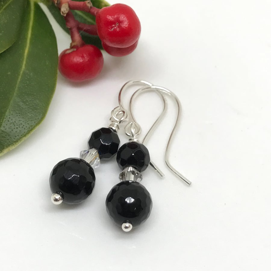 Black Agate and Crystal Earrings, Sterling Silver, Gift for Her
